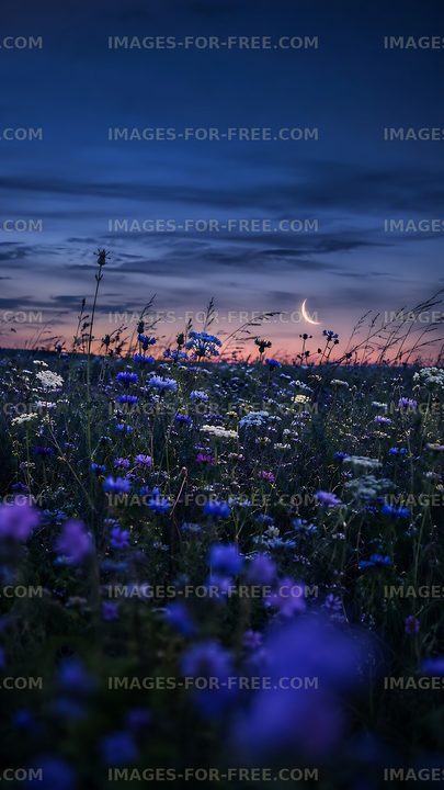 Field of flowers under a crescent moon at dusk