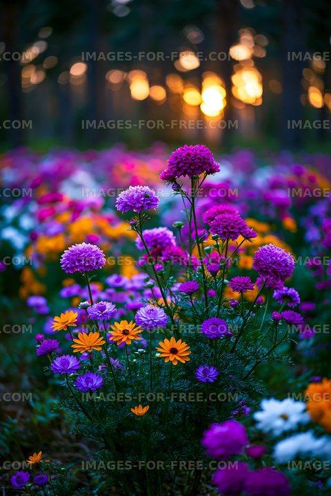 Colorful flowers blooming at sunset in a forest