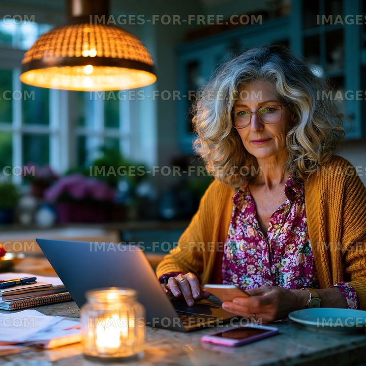 Woman working on a laptop in a cozy kitchen at night