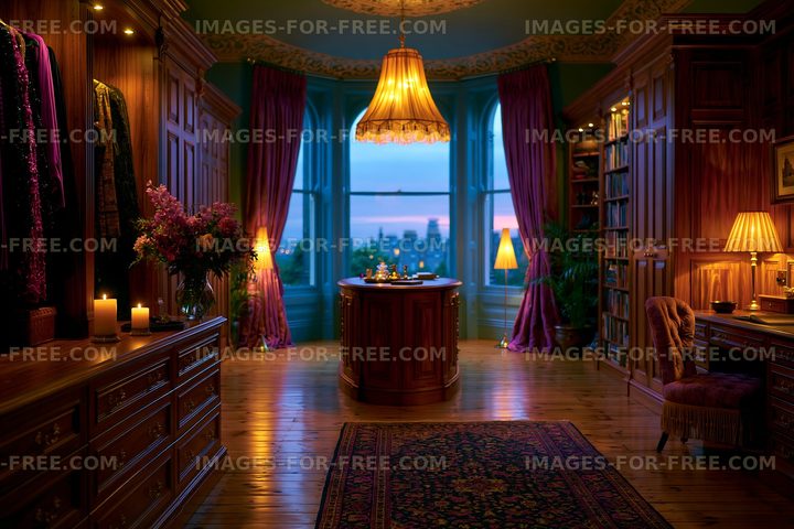 Cozy interior of a stylish study with large windows at dusk
