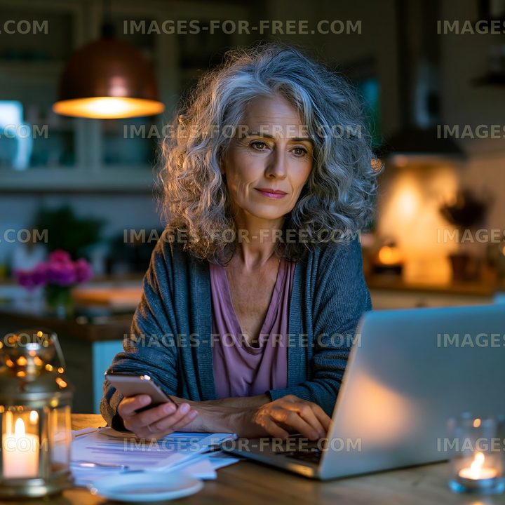 Woman using a laptop in a dimly lit kitchen