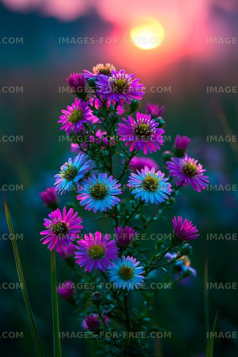 Colorful flowers blooming at sunset in a field