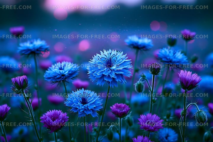Colorful wildflowers in a field during twilight