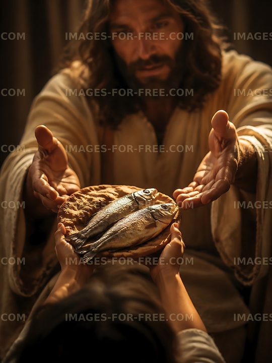 Jesus offers fish and bread to a young person