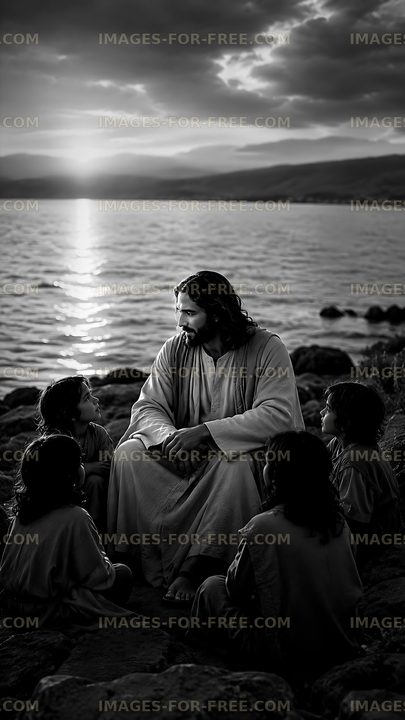 Jesus speaks to children by the lake during sunset