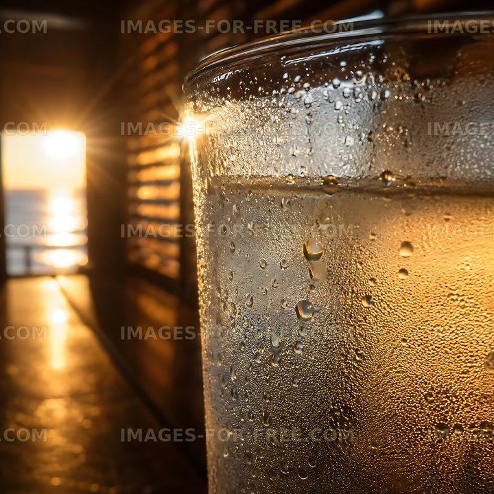 Glass of water with condensation in front of sunset view