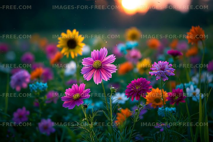 Colorful flowers in a field during sunset
