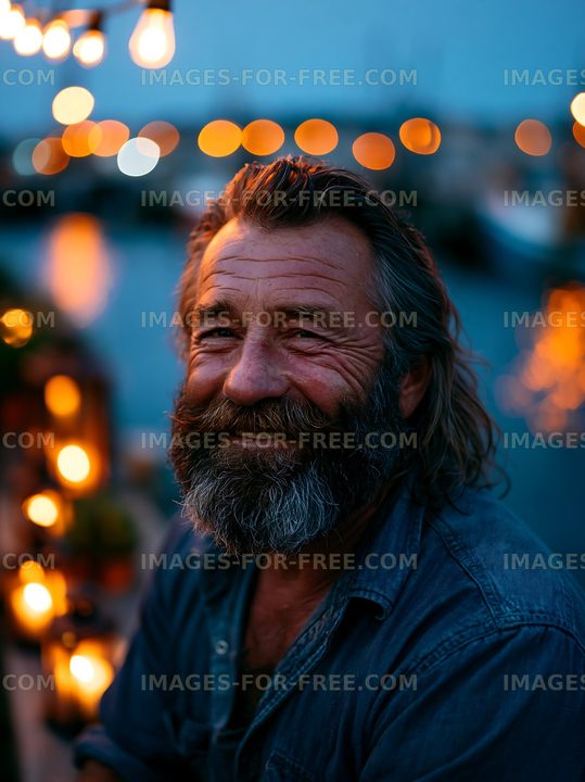 Smiling man with beard in evening light by the water