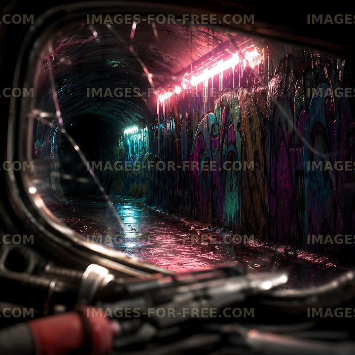 View of lit tunnel with graffiti through broken window