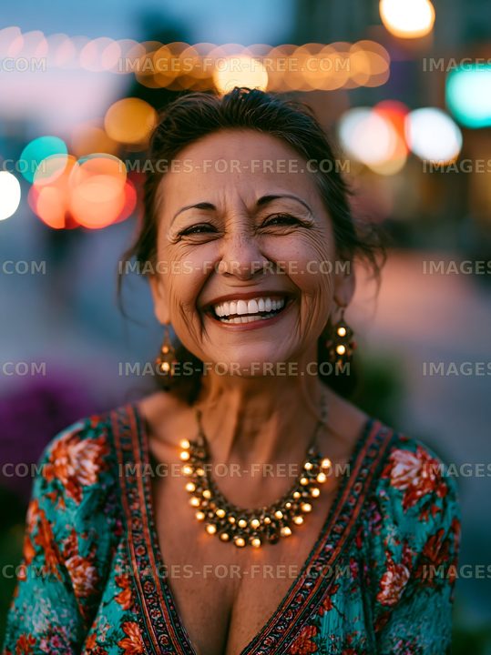 Smiling senior woman in colorful attire with lights in background
