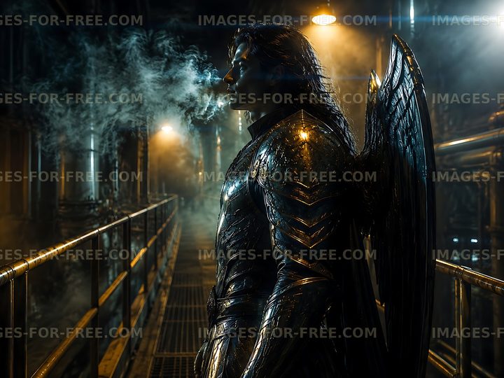 Angel figure stands in industrial setting with smoke