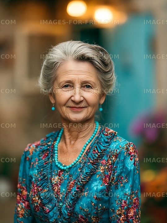 Elderly woman smiling in floral dress with blue background