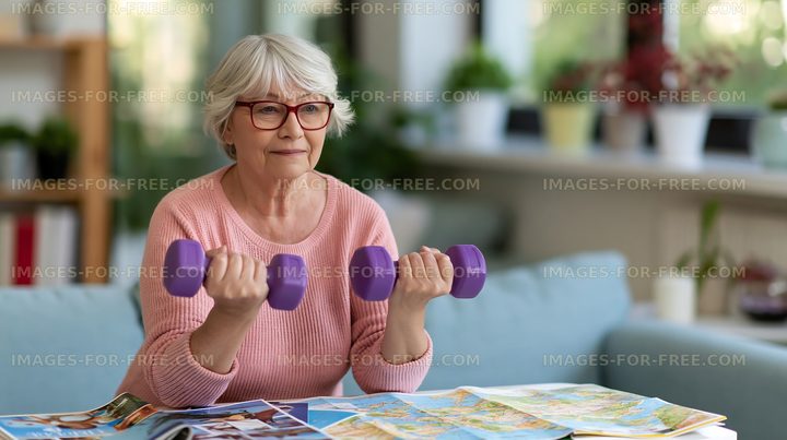 Older woman lifting dumbbells at home