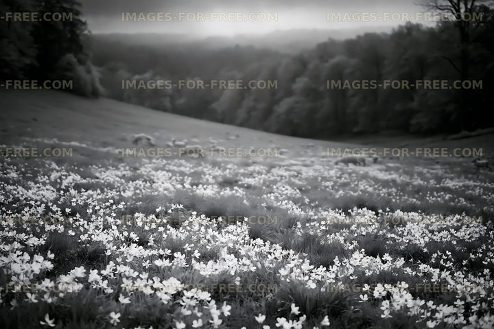 Field covered with flowers and sheep in black and white
