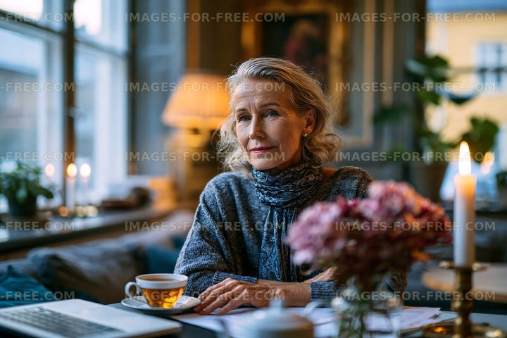 Woman sitting in cafe with tea and flowers during evening