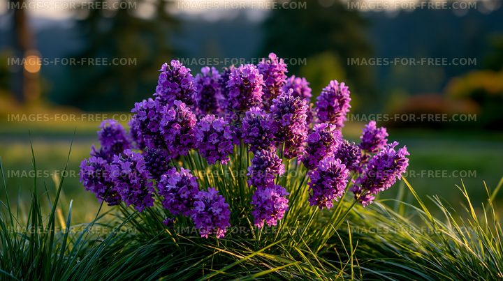 Lavender flowers blooming in a garden during sunset