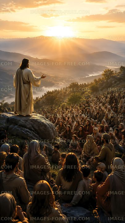 Man speaking to a crowd at sunset on a mountain