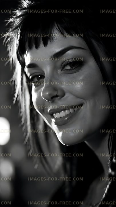 Smiling woman with dark hair and nose piercing in black and white