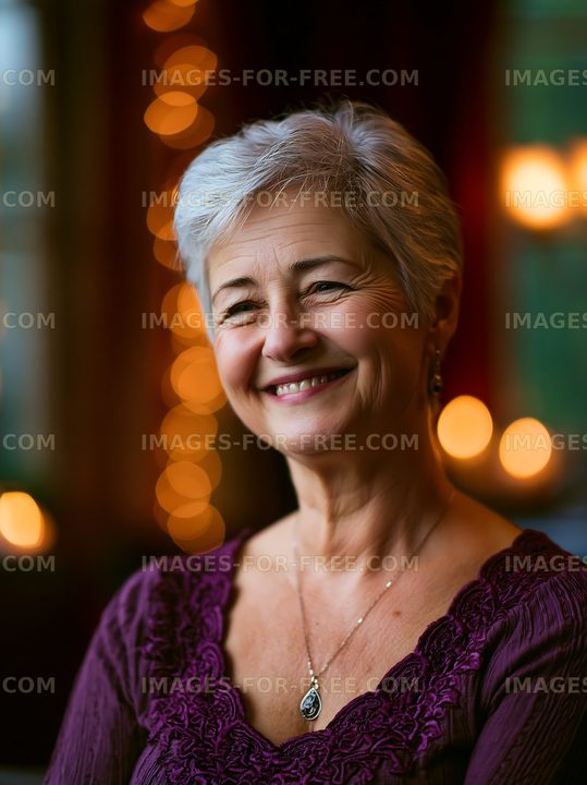 Smiling elderly woman in soft lighting with blurred background