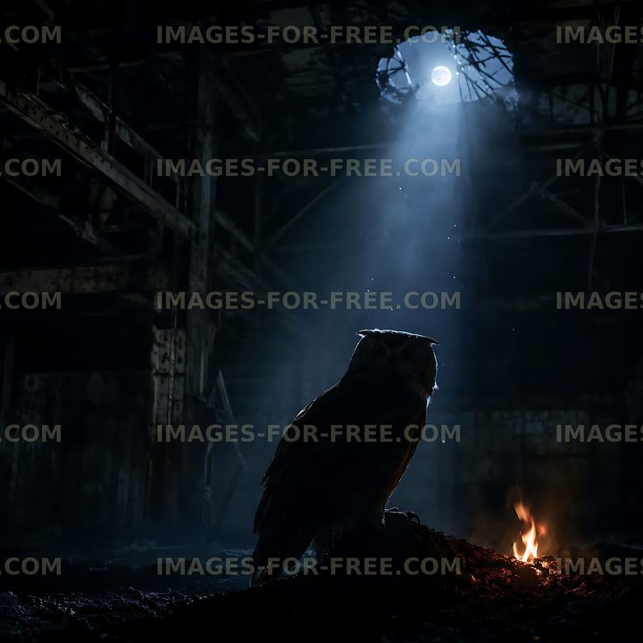 Owl sitting in an abandoned building with light shining down