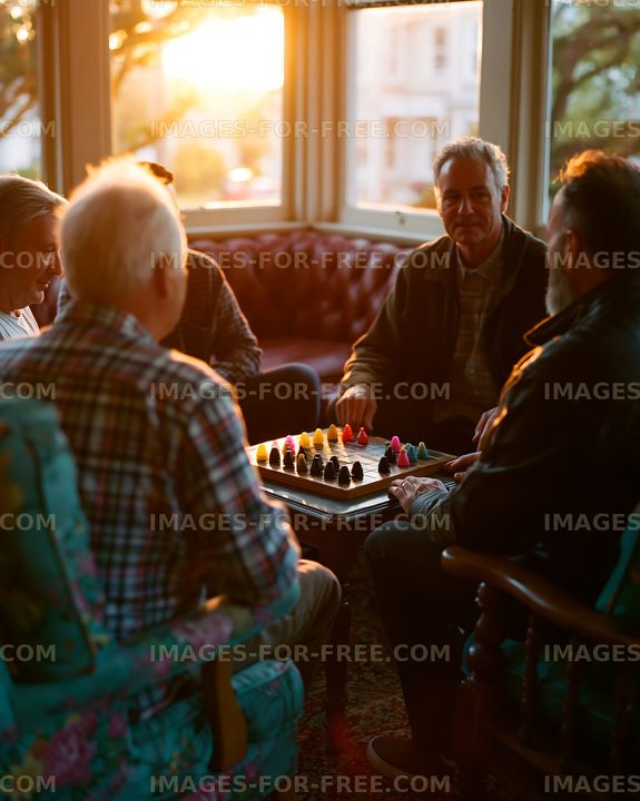 People playing a game together in a cozy room at sunset