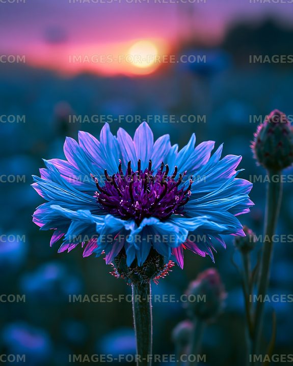 Blue flower with purple center during sunset