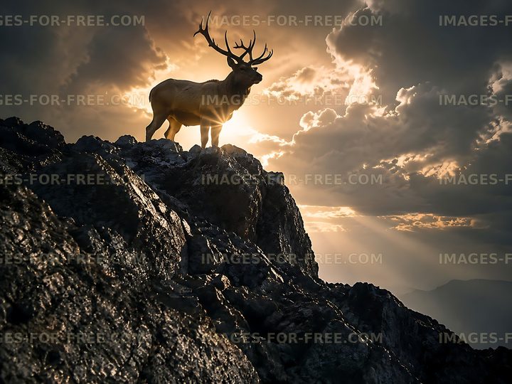 Stag standing on rocky ledge during sunset
