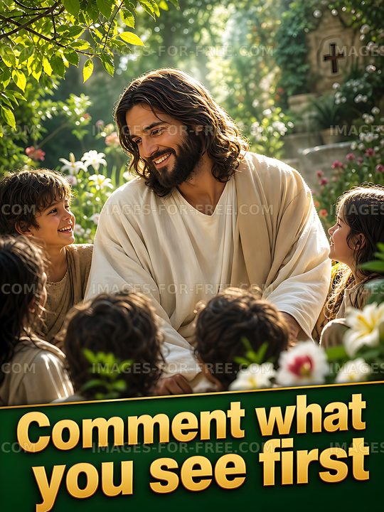Man in white robe smiling with children in a garden