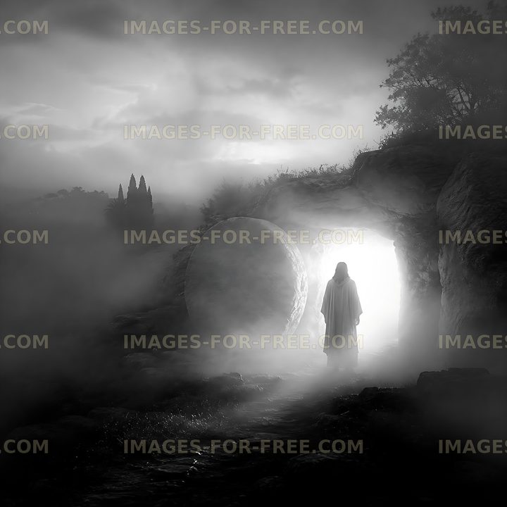 Mystical figure emerging from a cave in foggy landscape