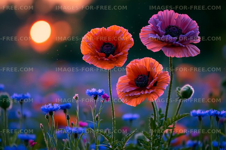 Vibrant flowers bloom during sunset in a colorful field