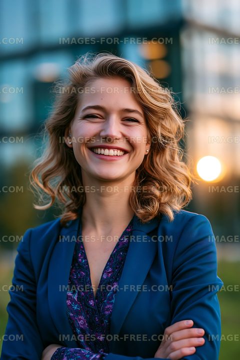 Smiling woman in a blue blazer against urban sunset backdrop