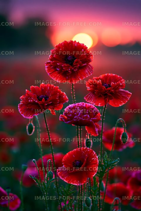Red poppy flowers at sunset in a field