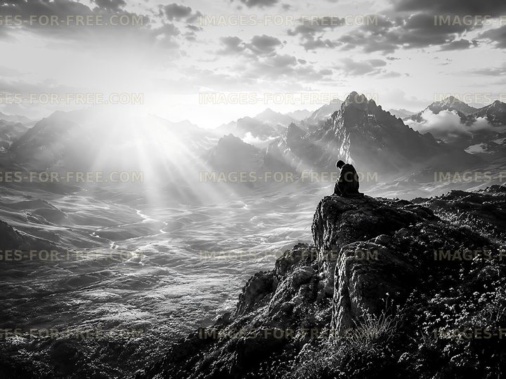 Person sitting on a rock, observing mountains and rays of sunlight