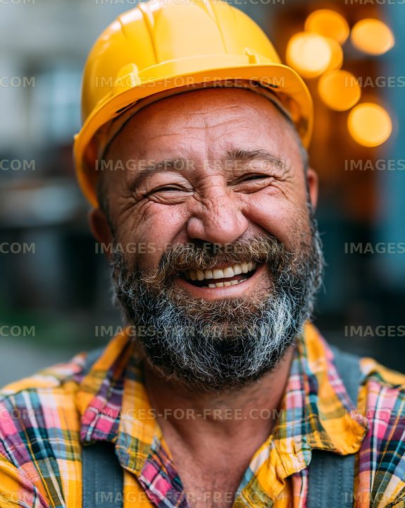 Smiling construction worker with yellow hard hat outdoors