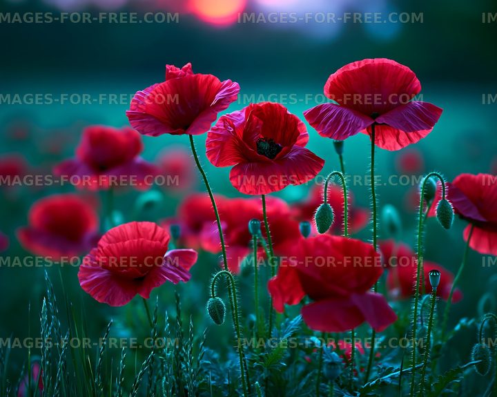 Bright red poppy flowers at sunset in a natural field