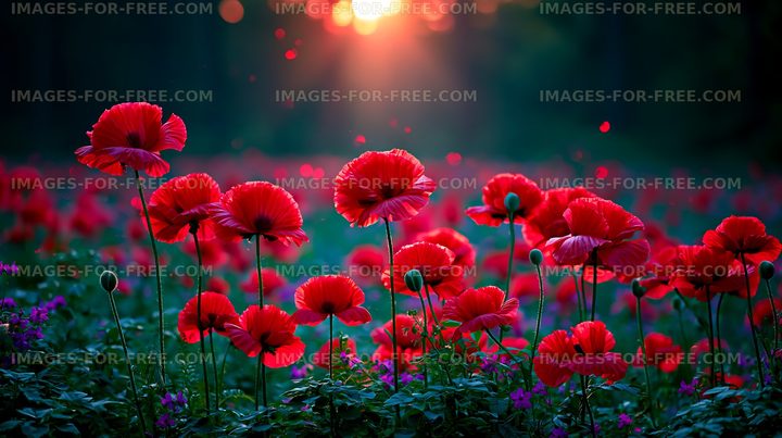 Red poppy flowers bloom under a sunset sky