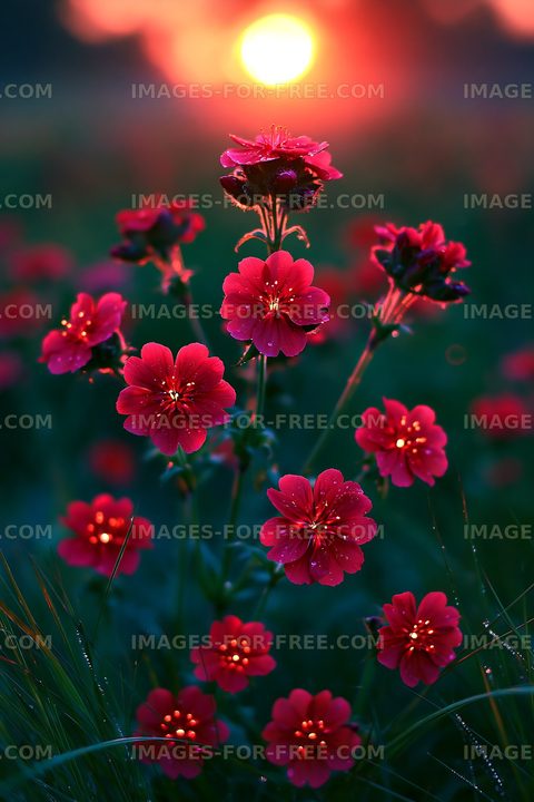 Close-up of red flowers during sunset in a field