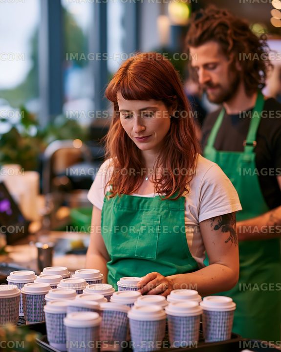 Baristas preparing coffee cups in a busy cafe