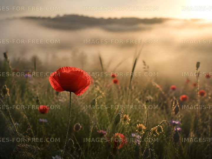 Morning light over poppy field in fog