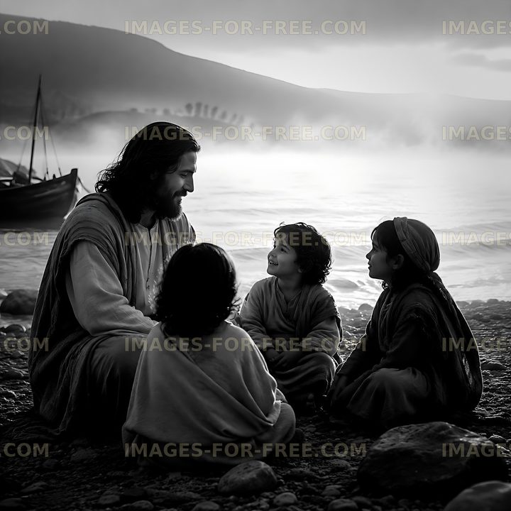 Children listening to a man by the water at dawn