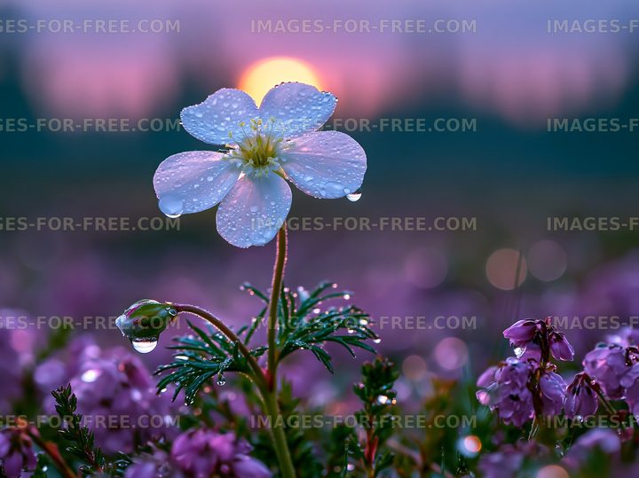 White flower with dew at sunset near purple blooms