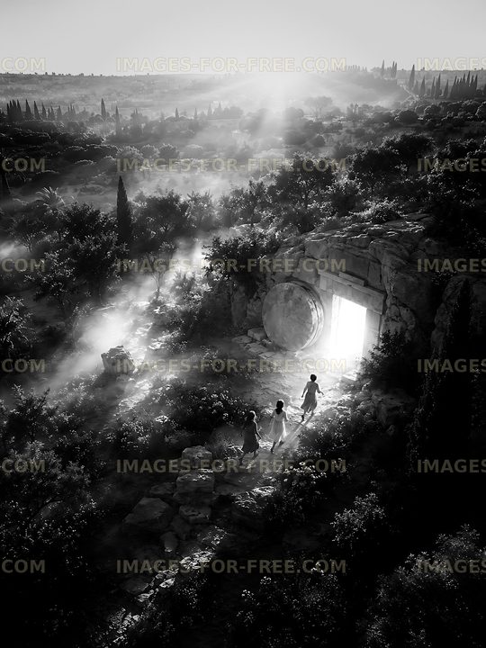 People walking towards light in an open doorway in a misty landscape