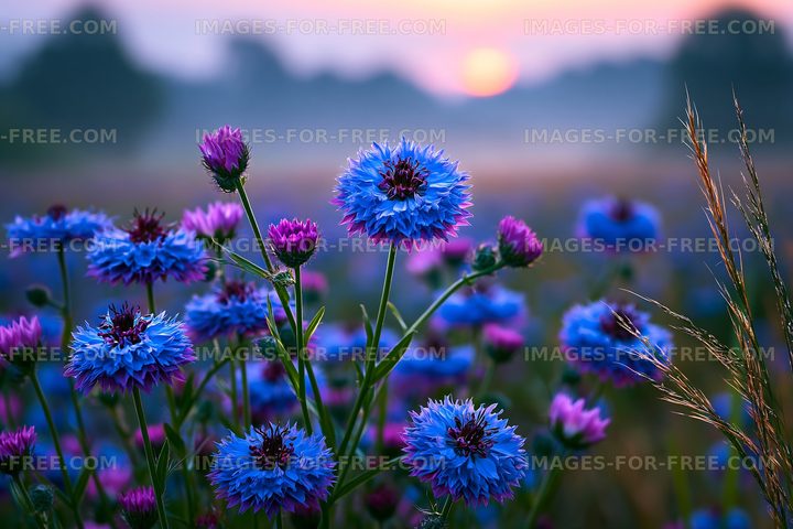 Blue and purple flowers blooming at sunrise