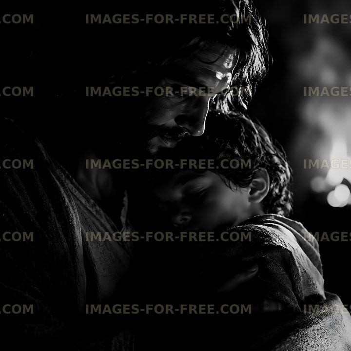 Father and son share a moment of closeness in dim light
