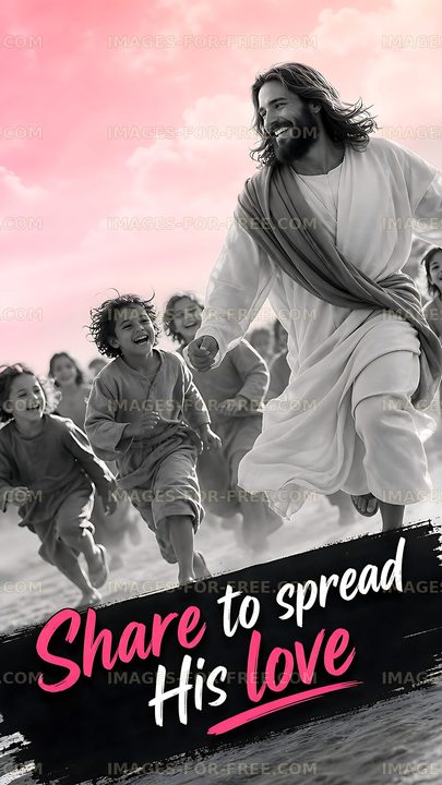Joyful moment with children running beside a figure in white robe