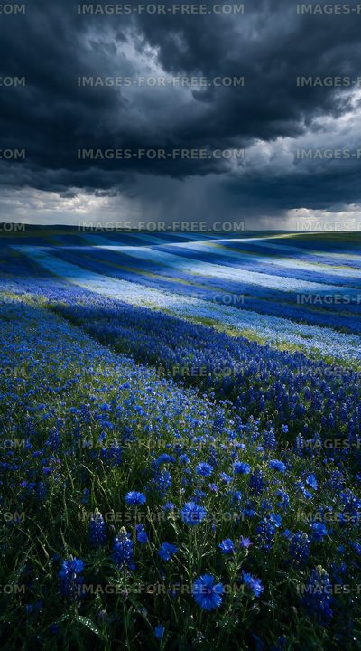 Blue flower field under dark clouds