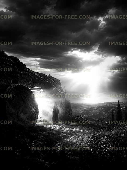 Person standing near stone door on rocky hillside at sunset