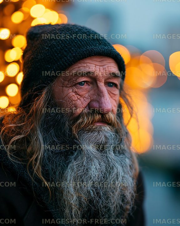 Elderly man with long beard and hat against blurred lights