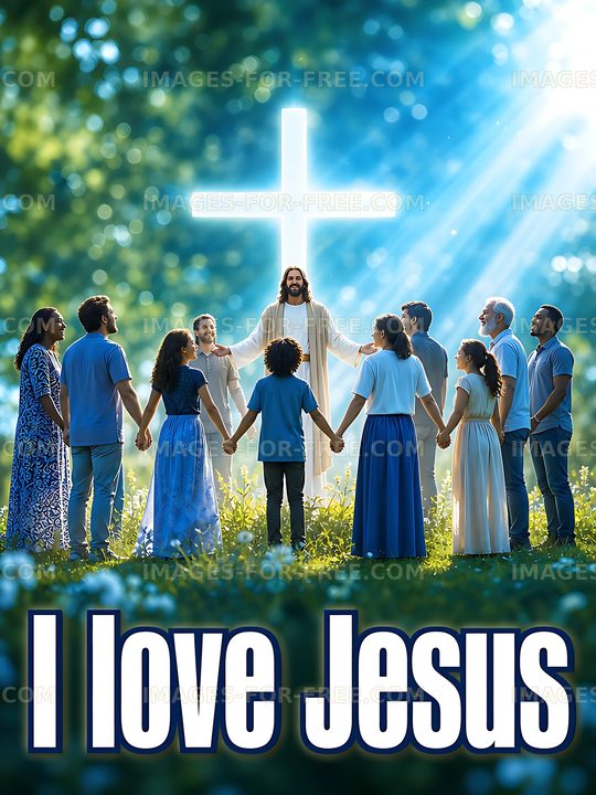 Group of people holding hands around bright cross symbol