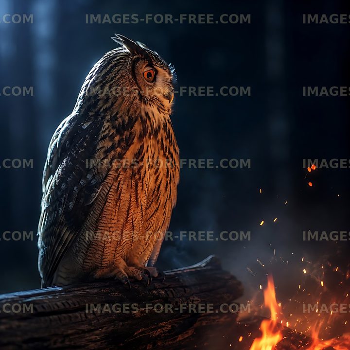 Owl perched on a log beside a fire at night